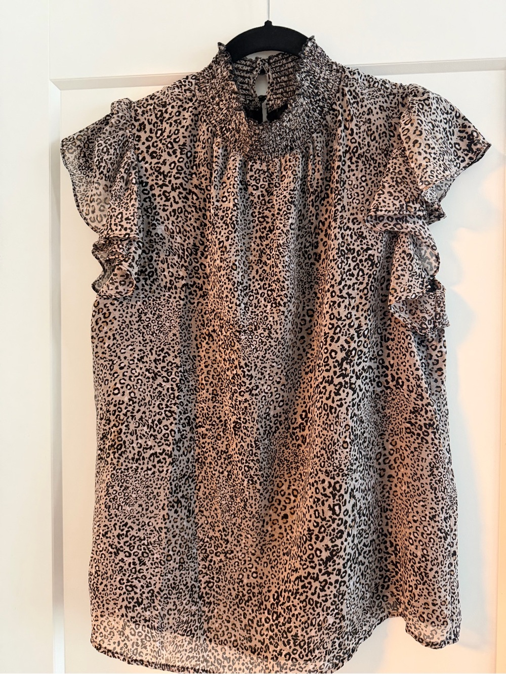 STATE Beige and Black Leopard Smocked Neck Blouse